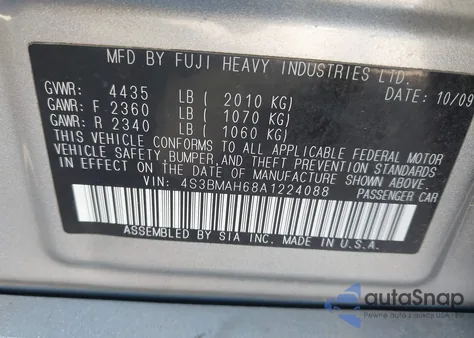 2010 Subaru Legacy 2.5I Premium z USA, uszkodzony, nr VIN 4S3BMAH68A1224088